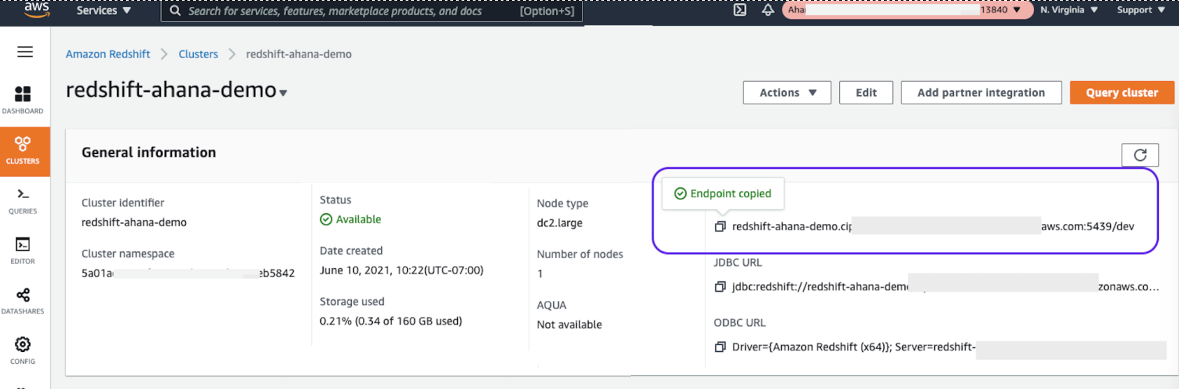 Get the endpoint Information from the Amazon Redshift Console