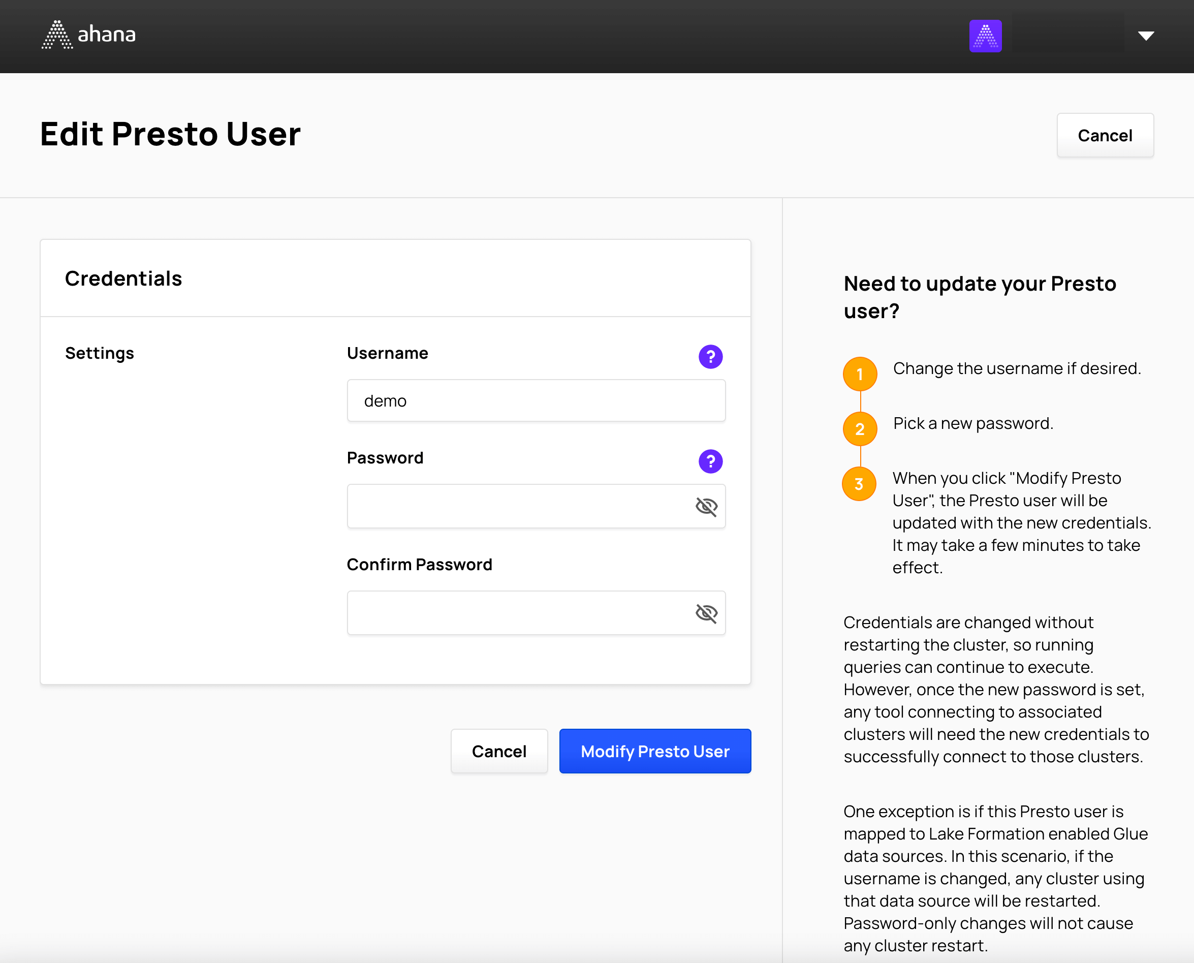 Modify a new Presto user